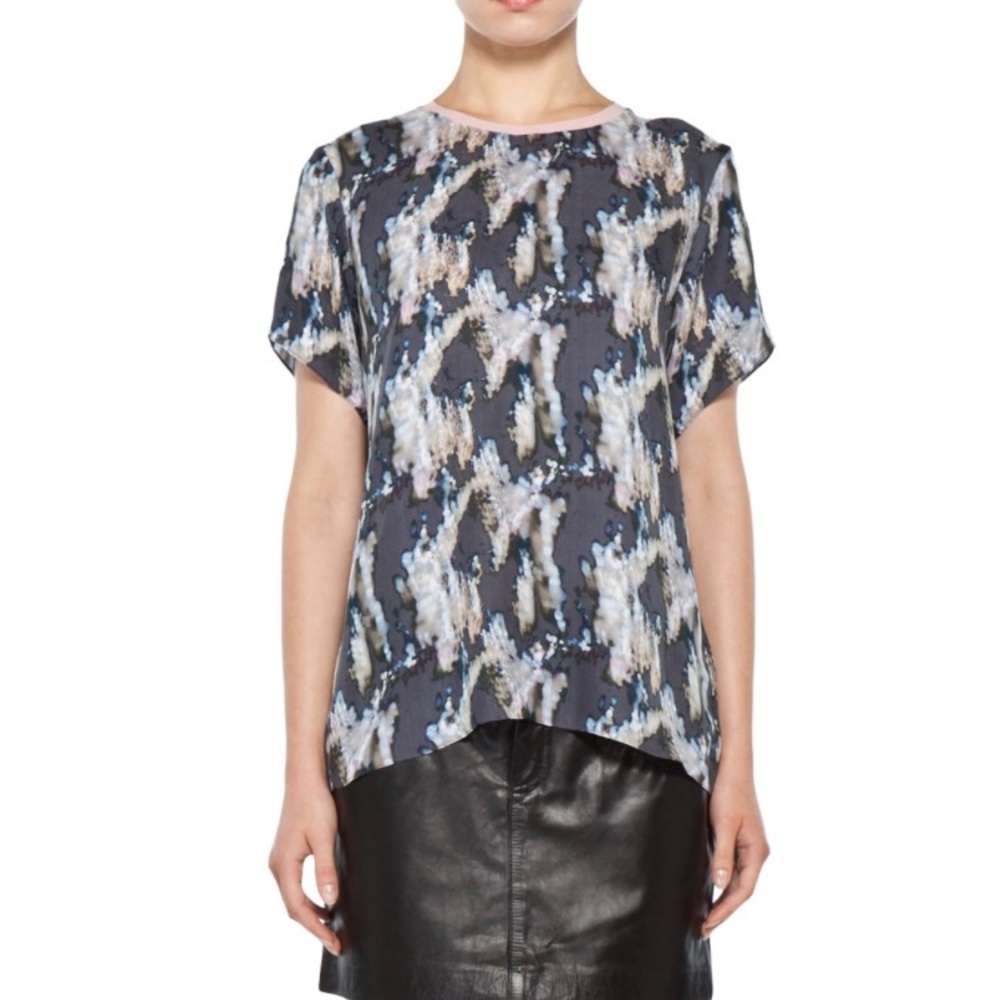 Theyskens' Theory Abstract Print Short Sleeve Top in Navy, Light Blue, Cream